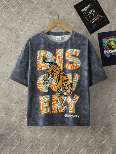Discovery X SHEIN Camiseta de manga corta y cuello redondo holgada con gráfico de tigre casual para niños preadolescentes, verano
