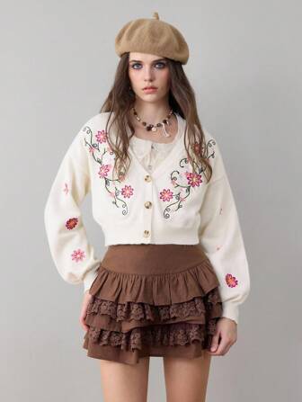 ROMWE Avant Women's Vintage Mori Kei Cottagecore Floral & Plant Embroidery Cardigan, Versatile For Vacation