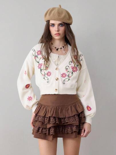 ROMWE Avant Damen Vintage Mori Kei Cottagecore Blumen- & Pflanzen-Stickerei Strickjacke, vielseitig für den Urlaub