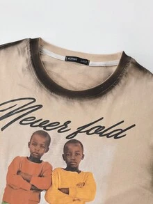 ROMWE MEN Street Life Men's Handpainted Letter & Figure Print Loose Fit Round Neck T-Shirt - Khaki - View 3
