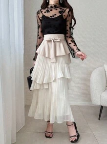 FRIFUL Women'S Floral Mesh Lettuce Trim Top Sheer Long Sleeve Women Tops - Black - View 2