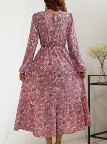 SHEIN LUNE Round Neck Floral Print Ruffle Hem Long Sleeve Dress Maxi Women Outfit