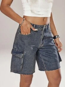 SHEIN ICON Shorts vaqueros de pierna ancha lavados informales para mujer - Azul lavado oscuro - Ver 6