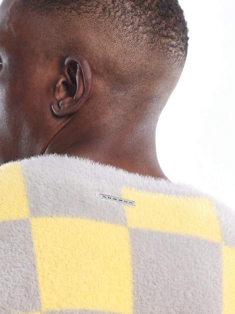 Fuzzy Knit Checker Board Sweater With Plush Texture