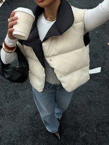 Siren Gaze 秋冬二合一双面高领加厚背心夹克，羽绒背心 - 黑色 - 查看 3