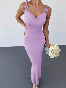 Firerie Đầm dài họa tiết hoa thanh lịch dành cho nữ có cổ xếp nếp - Màu Lilac Tím - Xem 5