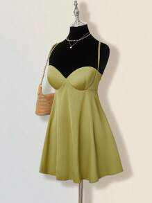SHEIN ICON 纯色简约性感交叉露背A字迷你连衣裙 - 綠色 - 查看 5