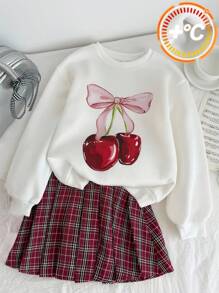 Tween Girls Hoodie & Sweatshirt Co-Ords, Cherry Bow Cute Pattern Sweatshirt, Plaid Red Pleated Mini Skirt Cherry Print Sweatshirt Plaid Skirt 2 Piece Skirt Set Teen Girl Clothes Back To School Outfit Two Piece Kids Set Skirt Plaid Teen School Clothes 2 Piece Set Cherry Girls Clothes Young Girl Summer Plaid Skirts Bow Knot Set Back To School 2 Piece Set/Activities/Autumn/Winter/Halloween,Glowmode,Fall,Christmas/Holiday/Festival/Winter - Red and White - View 3