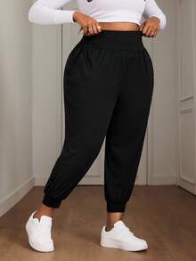 SHEIN PETITE CURVE 大码纯色抽绳裤脚度假休闲裤 - 黑色 - 查看 4