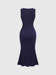 Sweetra 女式纯色圆领金属纽扣设计鱼尾下摆修身无袖优雅连衣裙 - 黑色 - 查看 2