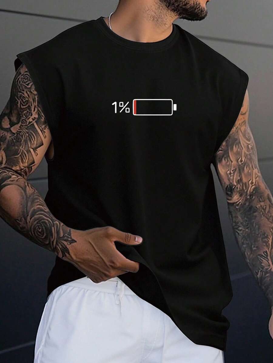 Men's Loose Battery Patterned Tank Top - Black - View 1