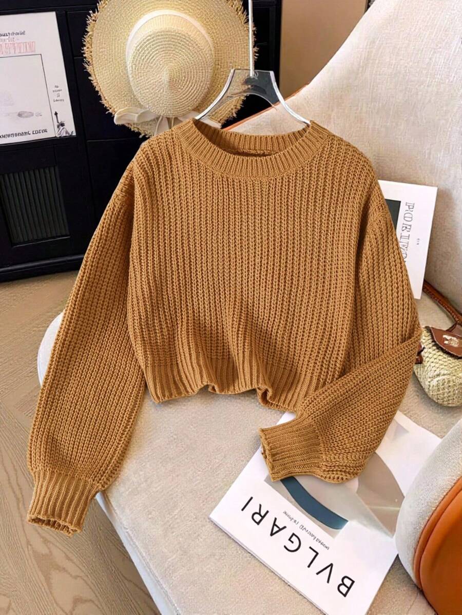 SHEIN 女童纯色圆领宽松休闲长袖毛衣 - 卡其色 - 查看 1