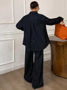 DAZY Women's Loose Denim Shirt With Collar And Straight Leg Pants 2 Pieces Casual Denim Suit - Dark Wash - View 3