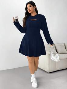 SHEIN EZwear 大码海军蓝厚实罗纹卫衣连衣裙套装，初秋 - 藏蓝色 - 查看 5