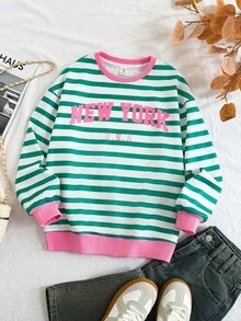 SHEIN Tween Girl Casual Minimalist Printed Pattern Loose Fit Crew Neck Long Sleeve Hoodie Sweatshirt,In Fall/Winter - Green - View 1