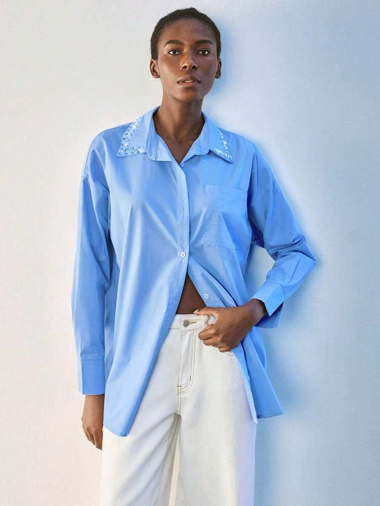 SHEIN Maija Women's Fashion Commuter Crystal Decorated Long Sleeve Blouse Blue Shirt Women Women Blue Shirt Baby Blue Shirt