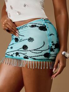 MISSGUIDED 水晶串珠迷你裙流苏下摆刺绣派对节日海滩夏季俱乐部夜店夜店装绿松石色度假胜地 - 藍色 - 查看 1