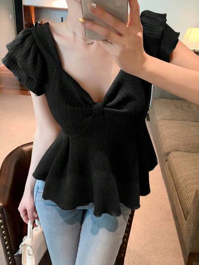 DAZY 女士休闲宽松荷叶边下摆T恤