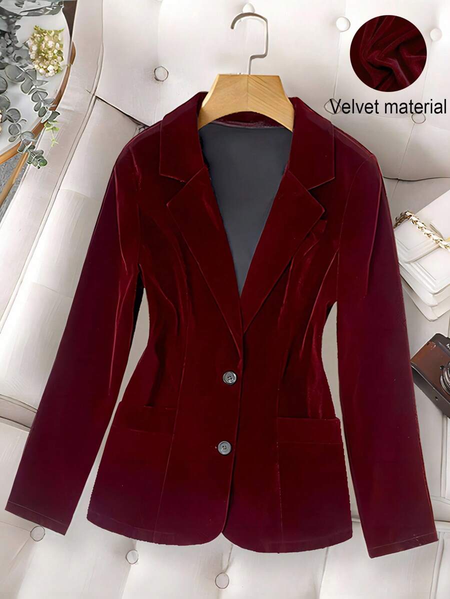 Franclia Women's Solid Color Long Sleeve Velvet Casual Single-Breasted Blazer For Work Fall Cloth For Women - Burgundy - View 1