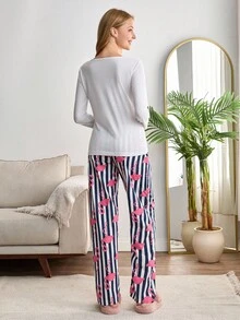 Set pigiama da donna composto da 2 pezzi, camicia a maniche lunghe in cotone con stampa fenicottero carino e pantaloni a righe e con motivo fenicottero, comodo abbigliamento da casa