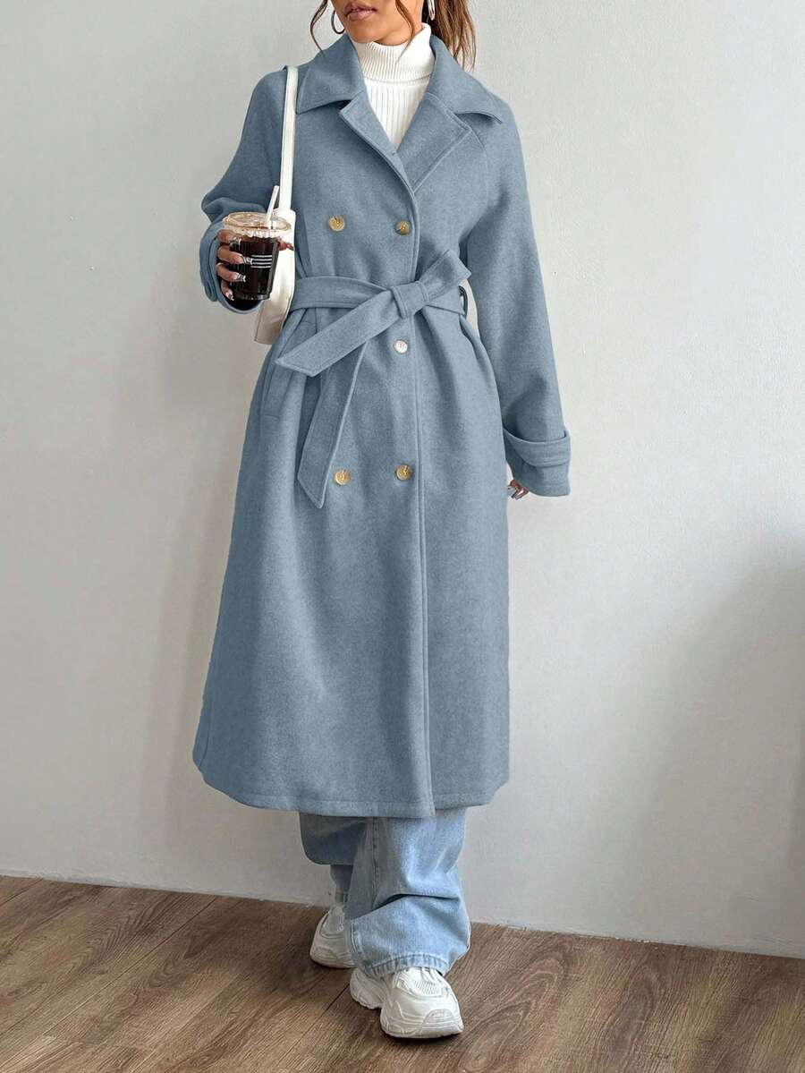 EURMUSE 女式纯色简约日常翻领长袖大衣 - 霧霾藍 - 查看 1