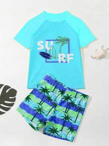 Tween Boy Palm Tree & Letter Printed Casual Swimwear Set With Round Neck Short Sleeve Shirt And Shorts, Random Print - Blue - View 1