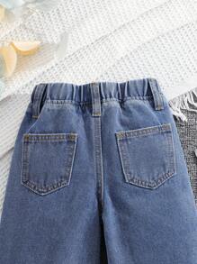 SHEIN Baby Girl White Bow Embroidered Pattern Blue Denim Loose Jeans, Winter And Autumn Fashionable Vacation - Light Wash - View 4