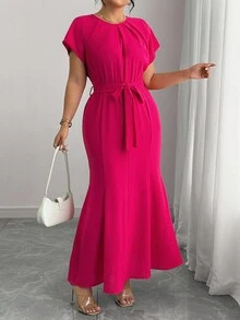 Elenzga Plus Size Women's Elegant Solid Color Belted Fitted Mermaid Dress Women Elegant Dress Dress With Belt Solid Color Dress Summer Elegant Dress Short Sleeve Maxi Dress