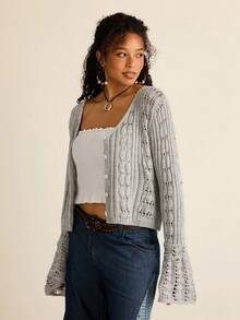 SHEIN VCAY Suéter holgado de manga larga con botones de moda casual y talla grande para mujeres - Gris - Ver 4