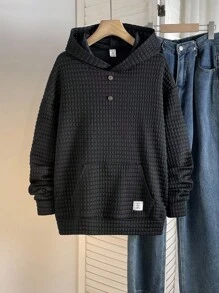 SHEIN Teen Boy Casual Loose Comfortable Versatile Knit Trim Decorative Button Placket Sweatshirt, Suitable For Autumn, Winter, Outings, Sports Fall - Black - View 1