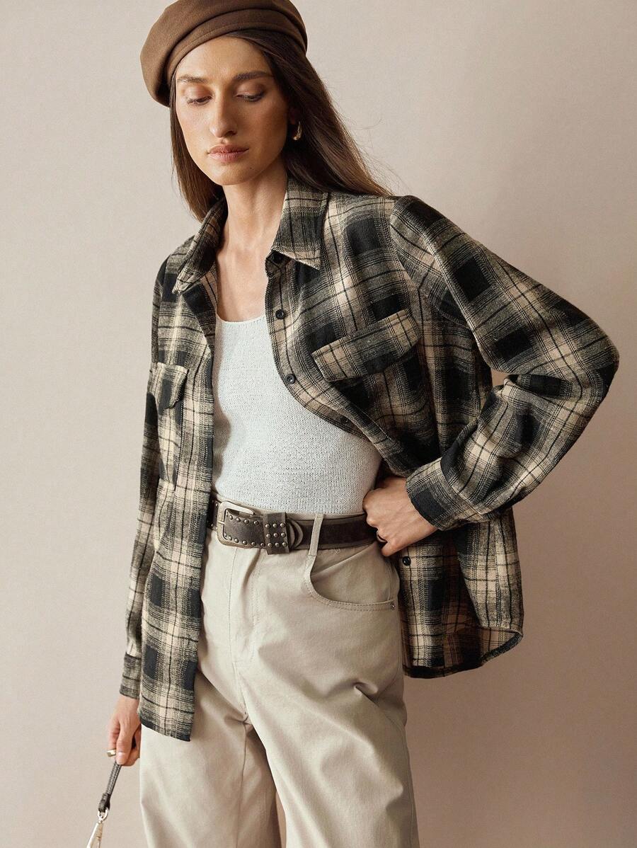 SHEIN LUNE 新年休闲春秋季女式格子印花翻盖口袋衬衫 - 卡其色 - 查看 1