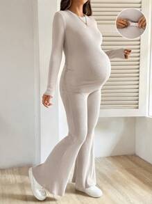 SHEIN 2 Pieces Maternity Apricot Solid Round Neck Raglan Sleeve Ribbed Casual Tops And Flared Pants Set Maternity Two Piece Set Ribbed Two Piece Set Autumn Women Clothing  Beige  Fall - Khaki - View 9