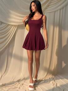 SHEIN EZwear Women's Casual Burgundy Knitted Sweater Dress,Fall - Burgundy - View 5