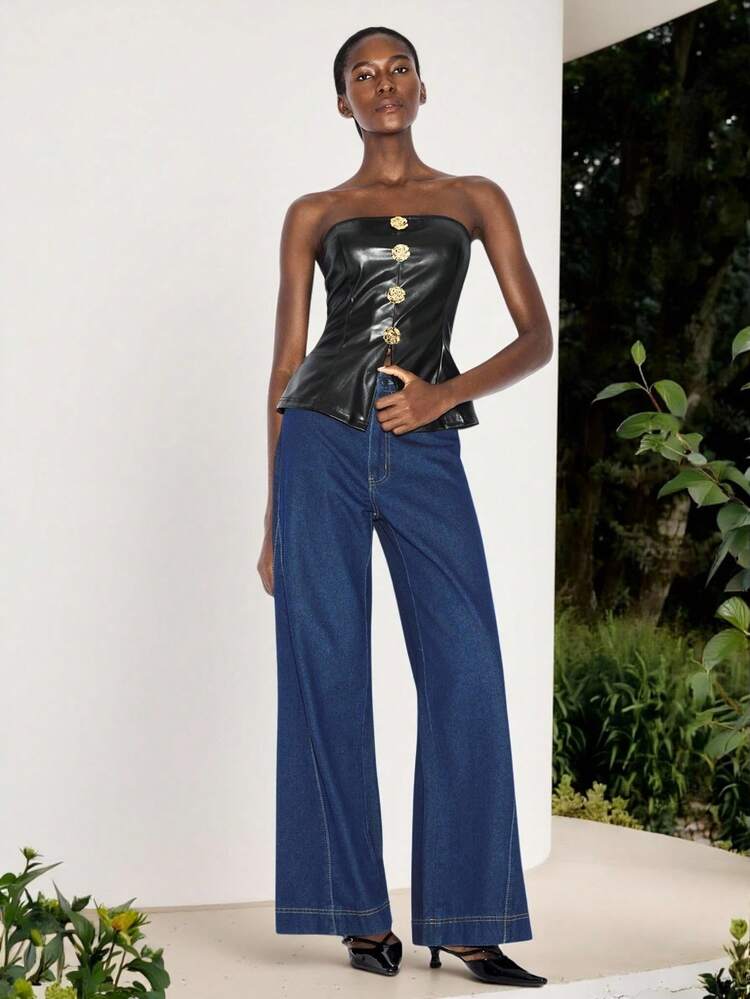 SHEIN Maija Women's Fashion Solid Color PU Leather Floral Metal Decor Slit Hem Tube Top Leather Corset Top Black Leather Top Leather Top Women Leather Tube Top Leather Tops