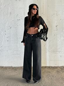 EURMUSE WOMEN WIDE LEG LOW WAIST JEANS - Black - View 3