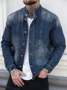Manfinity LEGND 男士长袖休闲做旧口袋牛仔夹克，街头风，适合送给老公或男友，秋季款 - 中等水洗藍 - 查看 1