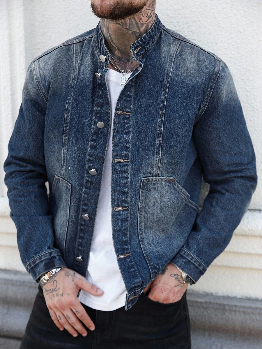 Manfinity LEGND 男士长袖休闲做旧口袋牛仔夹克，街头风，适合送给老公或男友，秋季款 - 中等水洗藍 - 查看 1