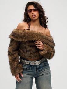 Aloruh 女士新款秋冬时尚露肩日常装复古套头衫修身翻领蓬松毛茸茸外套 - 棕色 - 查看 3