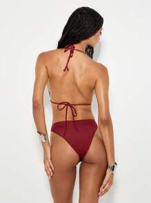 KIZN Tief ausgeschnittener Monokini Badeanzug mit V-Ausschnitt, Neckholder, Ausschnitt und Nieten-Detail an den Seiten, Strandmode für Urlaub, Pool-Partys im Sommer - Rot - Übersicht 2