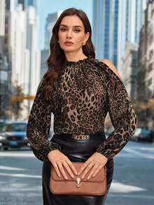 SHEIN Clasi Women's Elegant Brown Leopard Print Ruffle, Ruched Collar, Ruffle Lantern Sleeve Long Sleeve Blouse - Multicolor - View 1