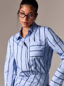 AiiRZ Robe mini en popeline de coton, jupe drapée asymétrique, manches longues boutonnées. Tenue de travail de bureau professionnelle, col, collection printemps automne