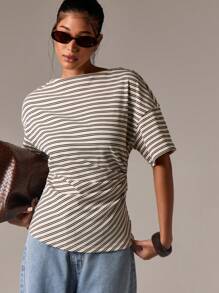 AiiRZ 条纹褶饰紧身胸衣风格 T 恤白色黑色斜纹合身腰部夏季上衣休闲日间时尚 - 彩色 - 查看 5