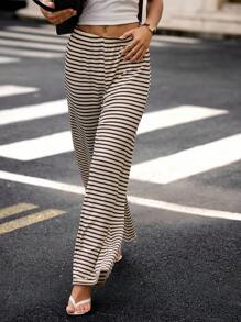 Hanevo Pantalones casuales anchos de cintura elástica con rayas para mujeres, ropa deportiva de otoño - Multicolor - Ver 4