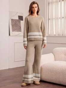 Hanevo 秋冬宽松圆领条纹阔腿针织两件套 - 卡其色 - 查看 1