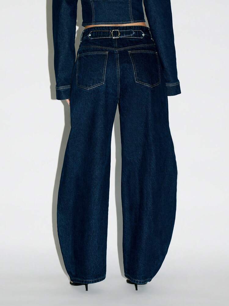 KIZN Raw Denim Barrel Cut Wide Leg Jeans With High Rise