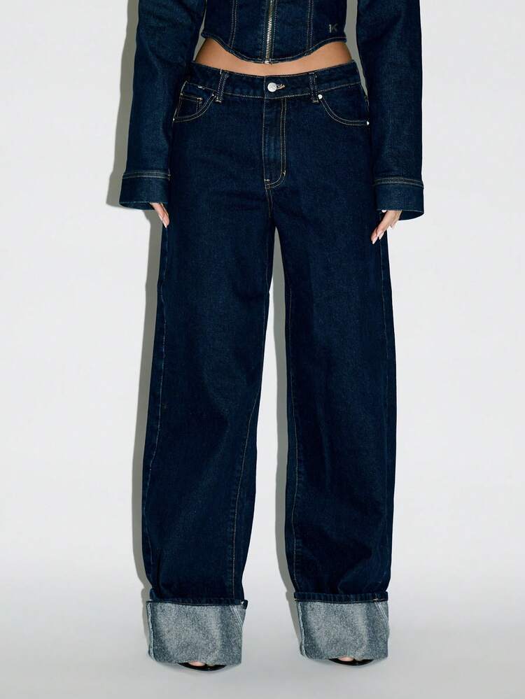 KIZN Wide Leg Turn Up Hem Jeans With Double Cuff