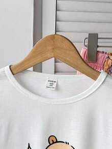 SHEIN Tween Girl 可爱熊和几何心形图案奶油白色休闲简约长袖上衣和裤子 2 件套，适合所有季节，休闲假期 - 米色 - 查看 7