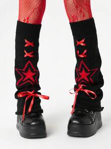 ROMWE Grunge Punk 1 par de calcetines de red de estilo punk con patrón de tornado rojo + 1 par de ligas para la pierna con patrón de estrella Y2K, adecuados para uso diario, fiesta de baile, combinación de calcetines de ajuste ceñido - Multicolor - Ver 5