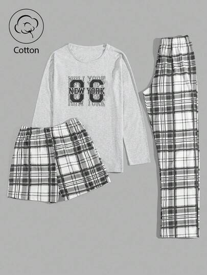 EURMUSE 3pcs Casual Fashion Numeric & Text Printed Top And Plaid Pants&Shıorts Sleepwear Set, Autumn Womens Cotton Pajama Set Plaid Pajama Set Cotton Pajamas Womens Pj Set New York Graphic Pajamas