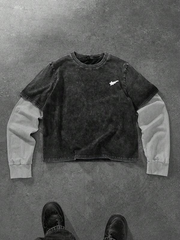 PAVTROS Manfinity Streetrush 1pc Men's Sweatshirt, Minimalist Graphic Chest Patch, Crew Neck Pullover, Sporty Casual Everyday Wear, Commute, Vacation, Back To School, Gift For Boyfriend/Husband, Unisex, Emo Style, 2000s Style , Fall, Long Sleeve Top